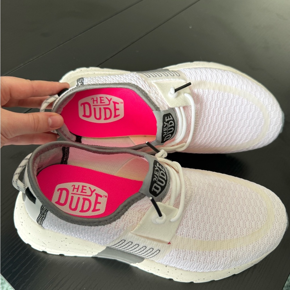 Hey Dude women's White Sneakers with Bright Pink Insoles NEVER WORN